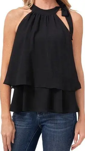 CeCe Shoulder Bow Tiered Ruffle Crinkle Chiffon Blouse Black Women’s Sz L