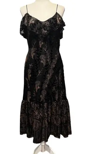 Lost + Wander Black Embroidered Ruffle Midi Dress Size L Boho Romantic Floral