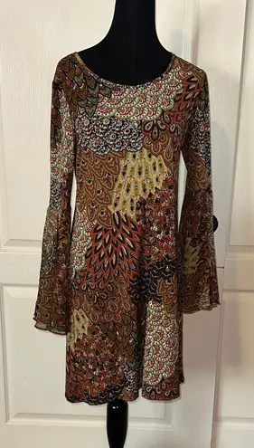 MSK PATCHWORK PEACOCK PIPED FEATHERED BELL SLEEVE DRESS Brown