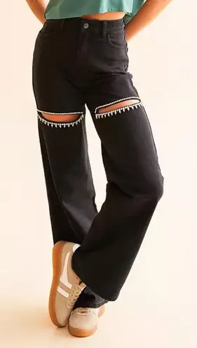 Blue B High Rise Crystal Slit Wide Leg Jeans in Black Size 10