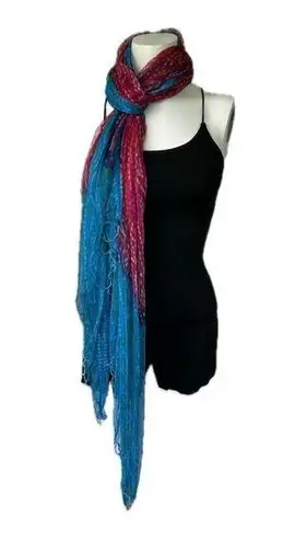 Unbranded Silky Sheer Bright Watercolor Ombre Beaded Trim Blue Pink Scarf Shawl