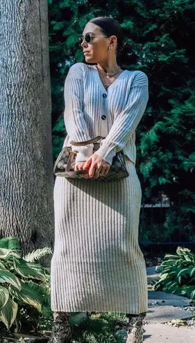 Current Air Trend Savvy Midi Ribbed Knit Cardigan and Skirt Set