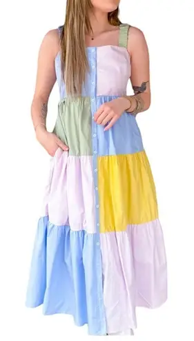 Aureum Hallie Poplin Pastel Color Block Tiered Midi Dress XS Blue