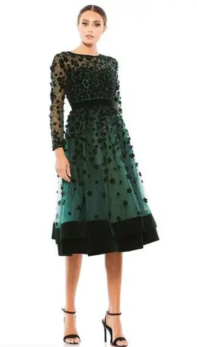 Mac Duggal  67007 Embellished Illusion High Neck Velvet Floral Dress 4 Emerald