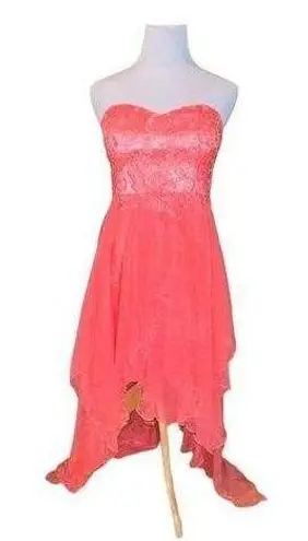 Daisy  FORMALS CORAL PINK HIGH LOW CHIFFON LACE STRAPLESS SWEETHEART DRESS SMALL