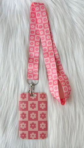 Pink floral checkered lanyard with Id/ card holder