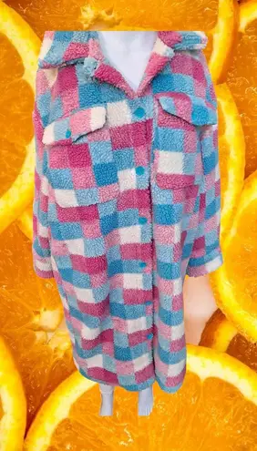 Cozy Sherpa Checkered Shacket Pink Blue White Womens Long Jacket Size XL