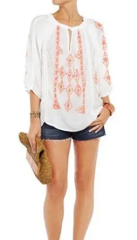 Melissa Odabash Embroidered Peasant Blouse Crop Top White Neon Coral Summery sz8