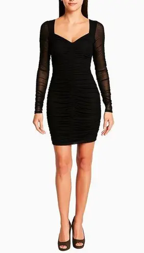 Black Ruched Mesh Bodycon mini Dress Size L Long Sleeve Sweetheart Neckline Size L