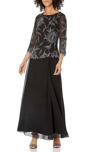 NWT J Kara Women's Scoop Neck Line with 3/4 Sleeve Beaded Top Long Dress Black S Size 6