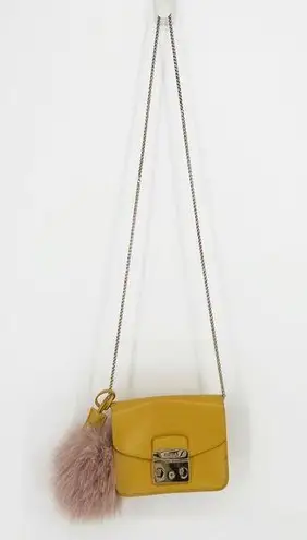 Furla Metropolis Small Crossbody Bag Chain Strap Leather Yellow with Fur Keyring