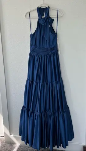 Mac Duggal Ruffle Tiered Soft Tie Halter Neck Gown in Sapphire Blue