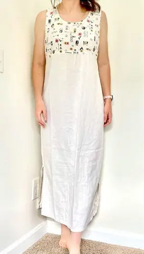 Vintage Linen garden print shift dress natural linen color sleeveless midi Size M