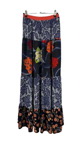 Anthropologie  Skirt Womens 0 Floral Pull On Maxi Navy Tiered Vanessa Virginia