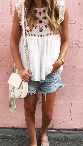 NEW Ivory Swiss Dot Sheer Overlay Ruffle Sleeveless Top with Embroidered Flowers Size M