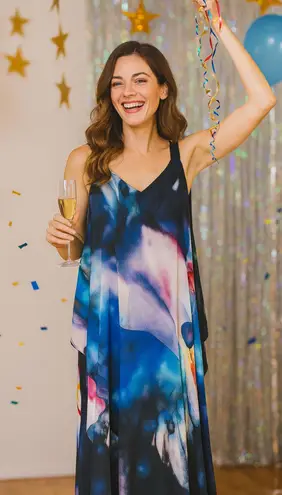 Joseph Ribkoff Maxi dress sleeveless Chiffon flowy Abstract watercolor sz 6 long