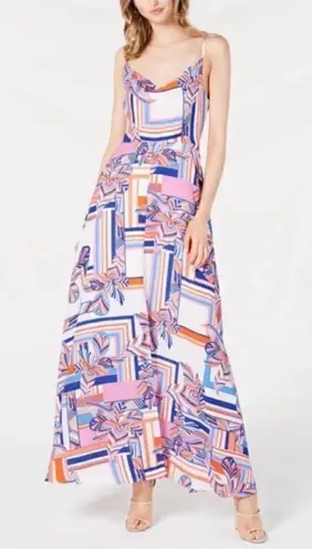 Foxiedox Kai Chiffon Maxi Dress Geometric Floral Stripe Multi Print XS