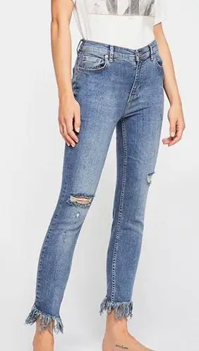 Free People Blue Great Heights Frayed Hem Distressed Skinny Straight Leg Jeans