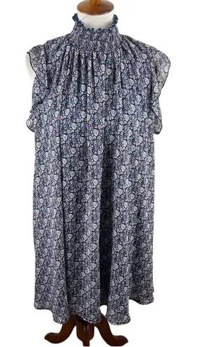 Code x Mode Code x Mode Smocked Mock Neck Sleeveless Midi Dress M Blue Floral Lined - Image 1