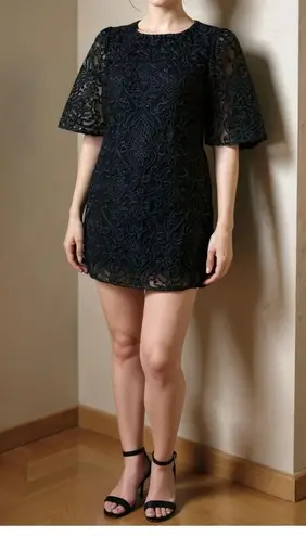 Sézane Gabin Guipure Embroidered Lace Mini Dress, Black, FR34/US2