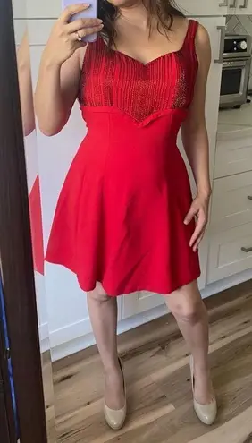 Tiffany Designs Vintage Red Fit and Flare Beaded Sweetheart neckline Mini Dress