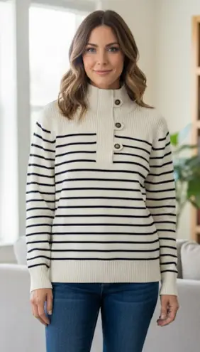 Ralph Lauren  Cream & Navy Striped Button Sweater PL NWT $89.50 Retail - Image 1