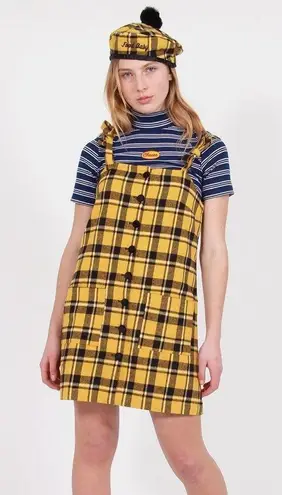 Lazy Oaf Pinny pinafore yellow plaid mini dress