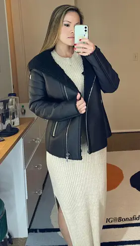 Mauritius Alexia Faux leather shearling biker jacket with zipper detail hood S