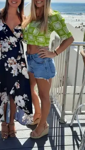 MISA Los Angeles The Odells Patchwork Crop Top LARGE Bright Green Smocked Linen Designer $148