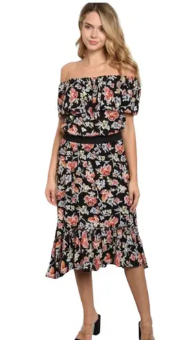 Boutique Love In | Off The Shoulder Midi Dress with Red Floral Print Small