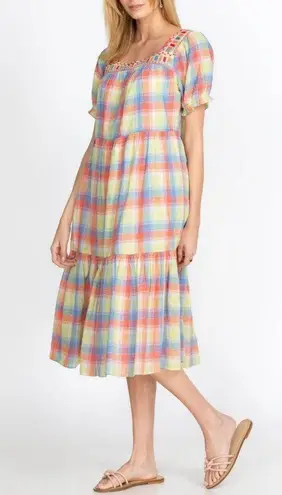 Johnny Was Delacey Plaid Square Neck Midi Dress XL Cotton Embroidered