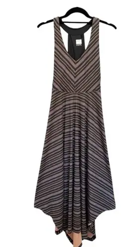 prAna Women's Saxon Dress Midi Red Clay Black Stripe V-Neck Handkerchief Hem M