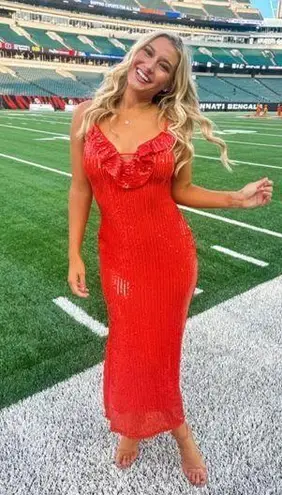 If By Sea Orange Sequin Midi Dress