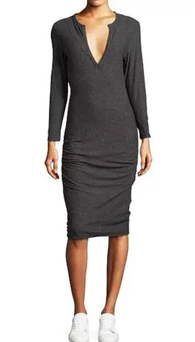 James Perse Henley Dress Deep Charcoal Melange Heathered V-Neck Ruched Mini 0 XS