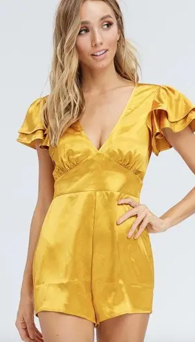 Emory park GOLD RUFFLE SLEEVE SATIN ROMPER 