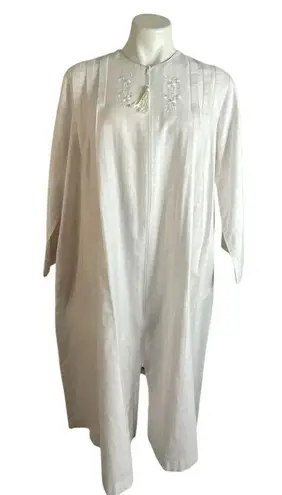 Miss Elaine Vintage Pink and White Cotton Zip Front Embroidered Kaftan Size M