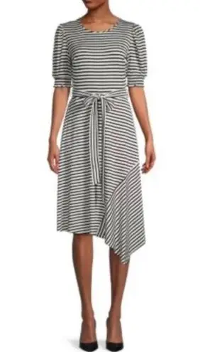 Karl Lagerfeld Paris Belted Striped Pouf Sleeve Round Neck Midi Fit Flare Dress