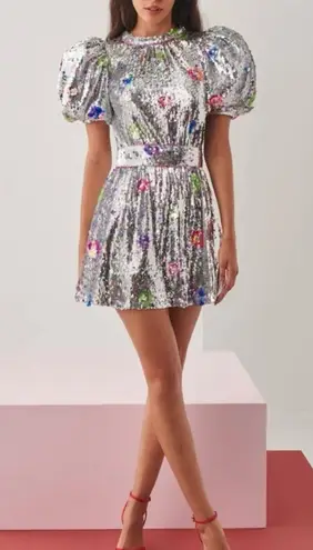 CeliaB Wonderer Silver Sequins Floral Statement Puff Sleeves Mini Dress NEW XXS