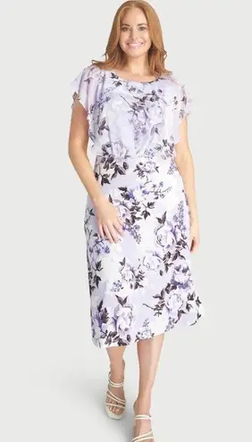 Connected Apparel Daphne Lavender Floral Chiffon Popover Dress, Petite Size 14