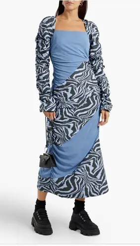Ganni Ahluwalia X Collab Midi Dress Blue Ruched Animal Print Zebra Stripes 44 XL