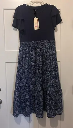 Women's Size Large Blue Maxi Dress Knit Top Woven Floral Bottom Cottage Modest