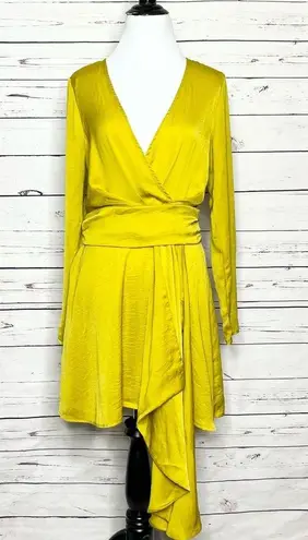 Nasty Gal  Chartreuse Satin Long Sleeve Draped Mini Dress Size 8 Medium