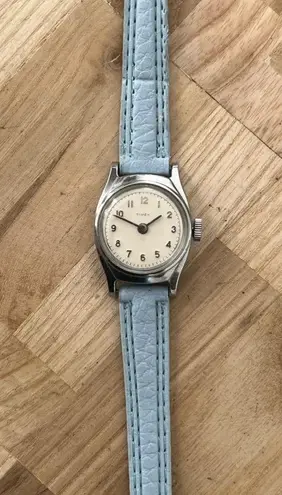 Timex Ladies Watch Vintage Mechanical Winding New Blue Strap White Round Dial