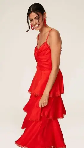 Marchesa Notte Tiered Lace Trim Midi Dress Size 0 Red Glam Holiday Event Wedding
