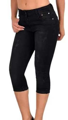 NWT ~ Women's Distressed Black Knee Length Denim Jeans Slim Capri Pants ~ LARGE Size undefined