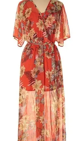 Love, Fire Love Fire Tropical Print Bohemian Floral Flutter Sleeve Semi Sheer Maxi Dress M