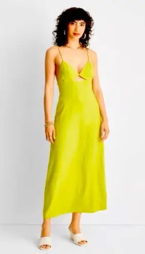 Lime Green Spaghetti Strap Cutout Maxi Slip Dress with Pockets Size 12 NWT Y2K