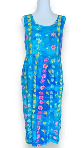 Jams World Vintage 90s Blue Floral Sleeveless Babydoll Midi Dress Small Vibrant