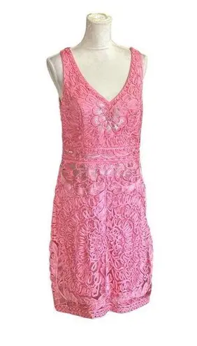 Sue Wong Cocktail Dress Sz 12 Lace Pink Floral Geometric Glam Shimmering FLAW