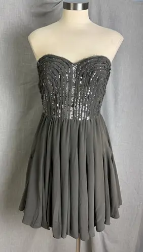 Rebecca Taylor Gray 100% Silk Strapless Sequin Dress Sweetheart Mini Smocked 4